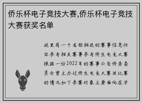 侨乐杯电子竞技大赛,侨乐杯电子竞技大赛获奖名单